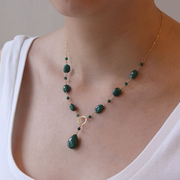 Hammered Circle Malachite Y Necklace