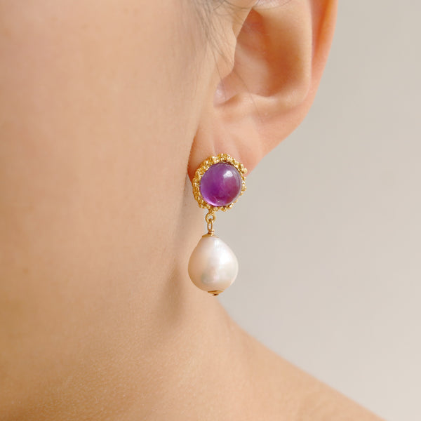 Textured Cabochon & Pearl Drop Earrings