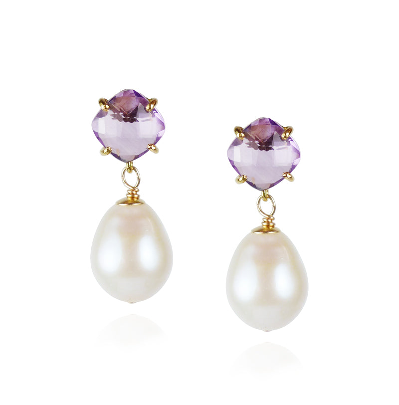Cushion Cut Stone Pearl Drop Earrings