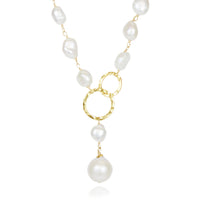 Pearl Y Necklace with Two Hammered Hoops