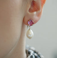Cushion Cut Stone & Pearl Drop Earrings