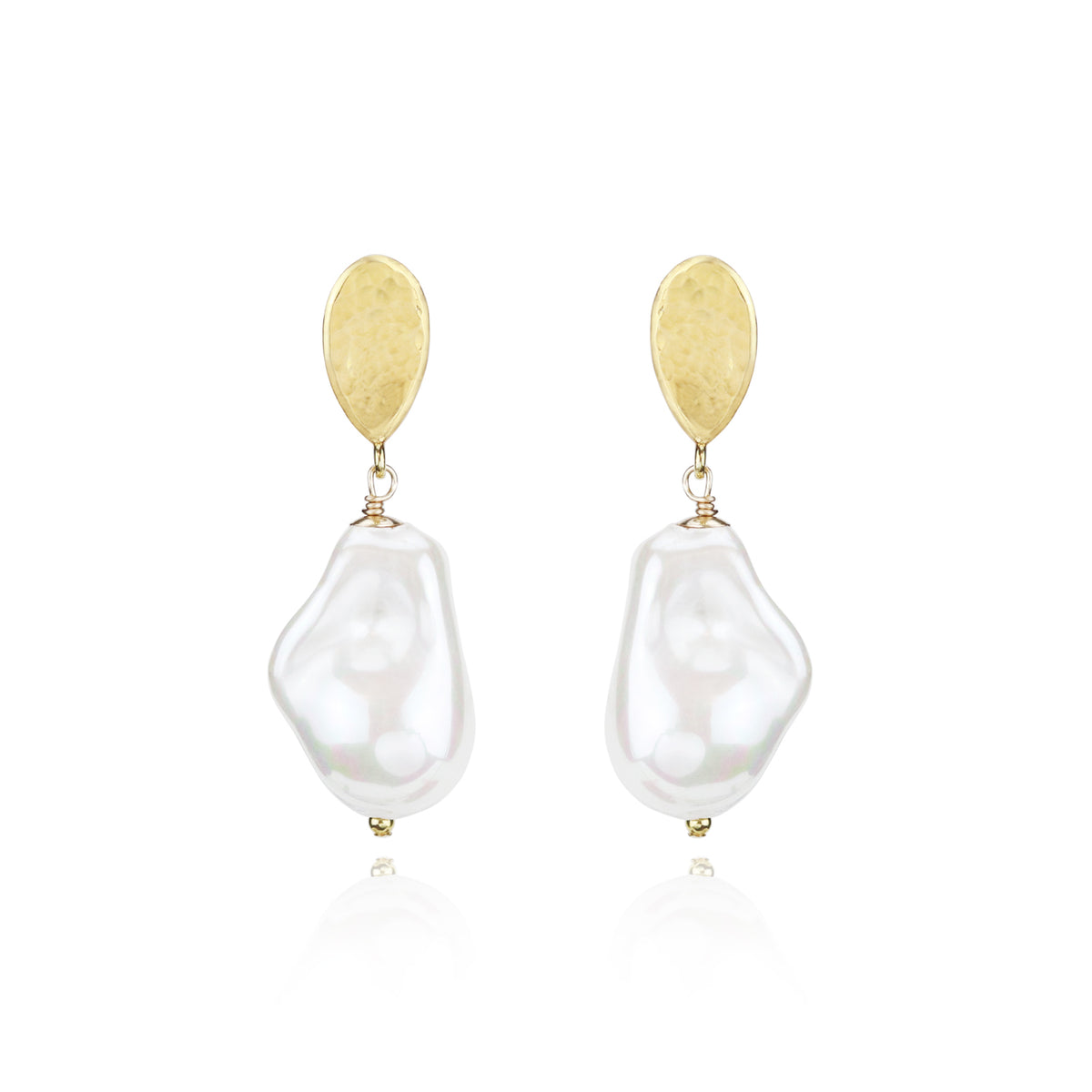 Pearl Drop Earrings with Gold Hammered Top