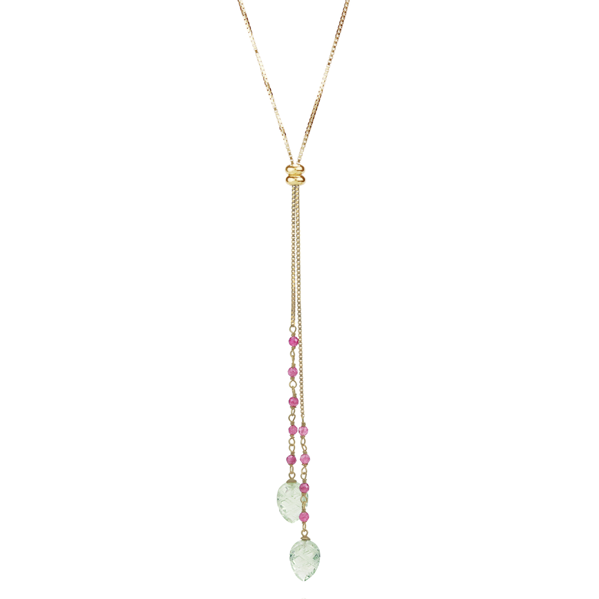 Elegant lariat necklace featuring carved green amethyst and vibrant pink tourmaline stones.