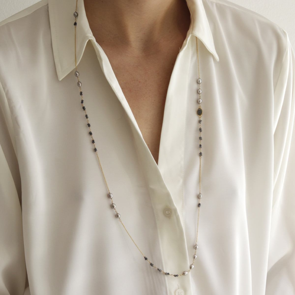 Long Rough Diamond & Pearl Necklace