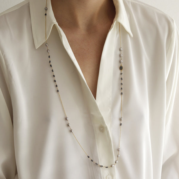 Long Rough Diamond & Pearl Necklace