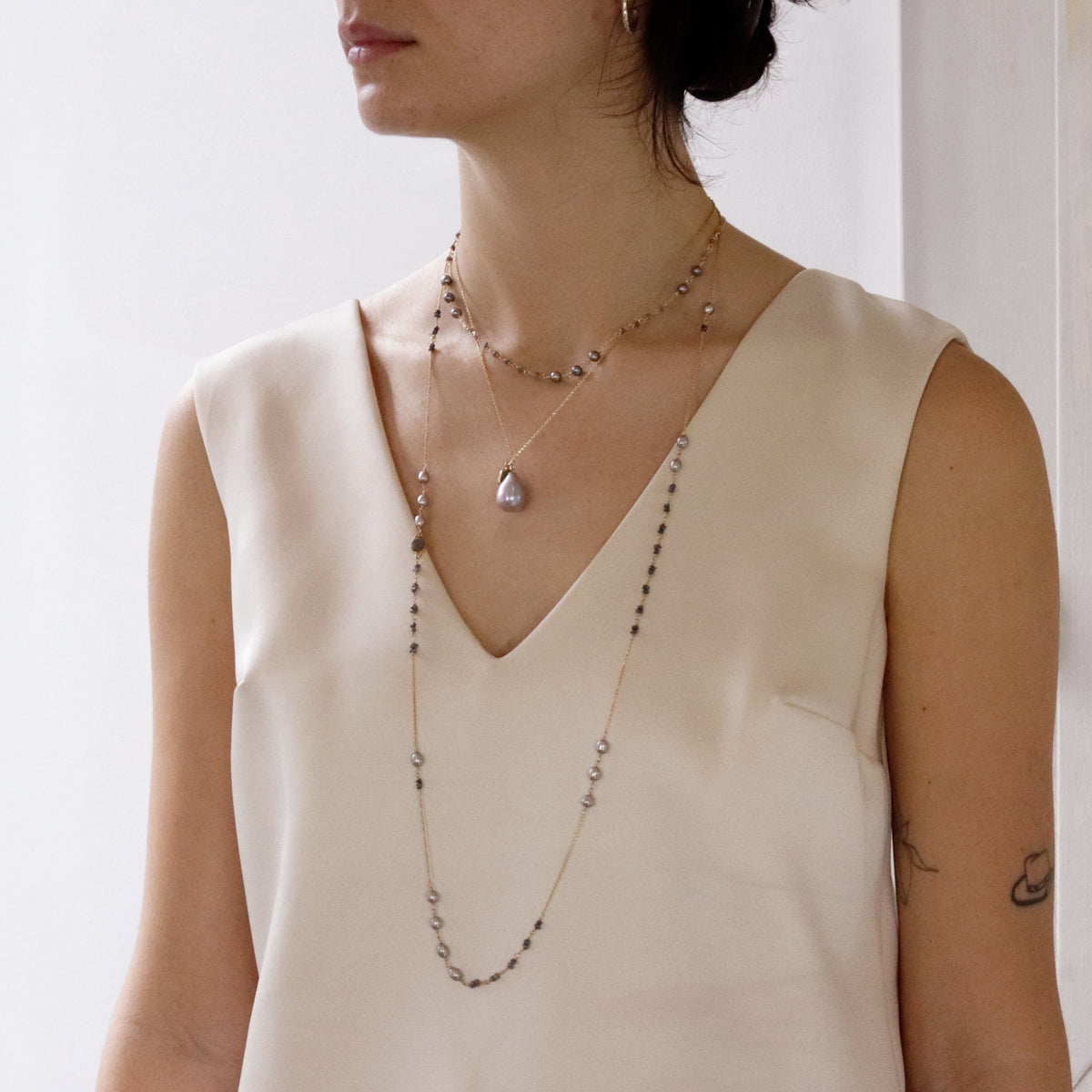 Long Rough Diamond & Pearl Necklace