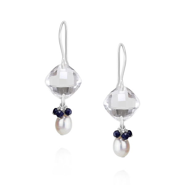 Cushion Cut Gemstones & Pearl Cluster Earrings