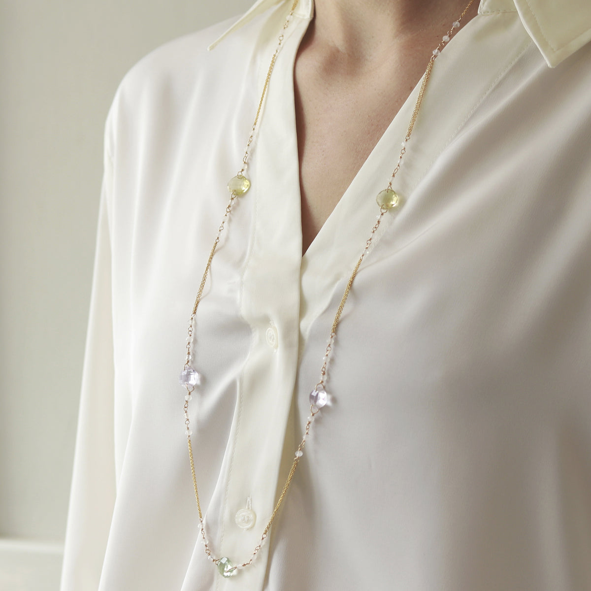 Long Multi Cushion Cut Gemstone Necklace