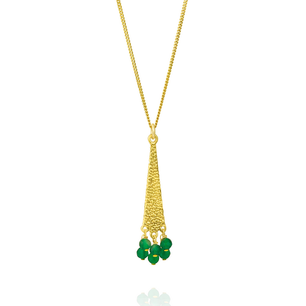 Elegant gold hammered textured triangle pendant featuring a vibrant green onyx gemstone, perfect for adding a modern and sophisticated touch to any outfit.