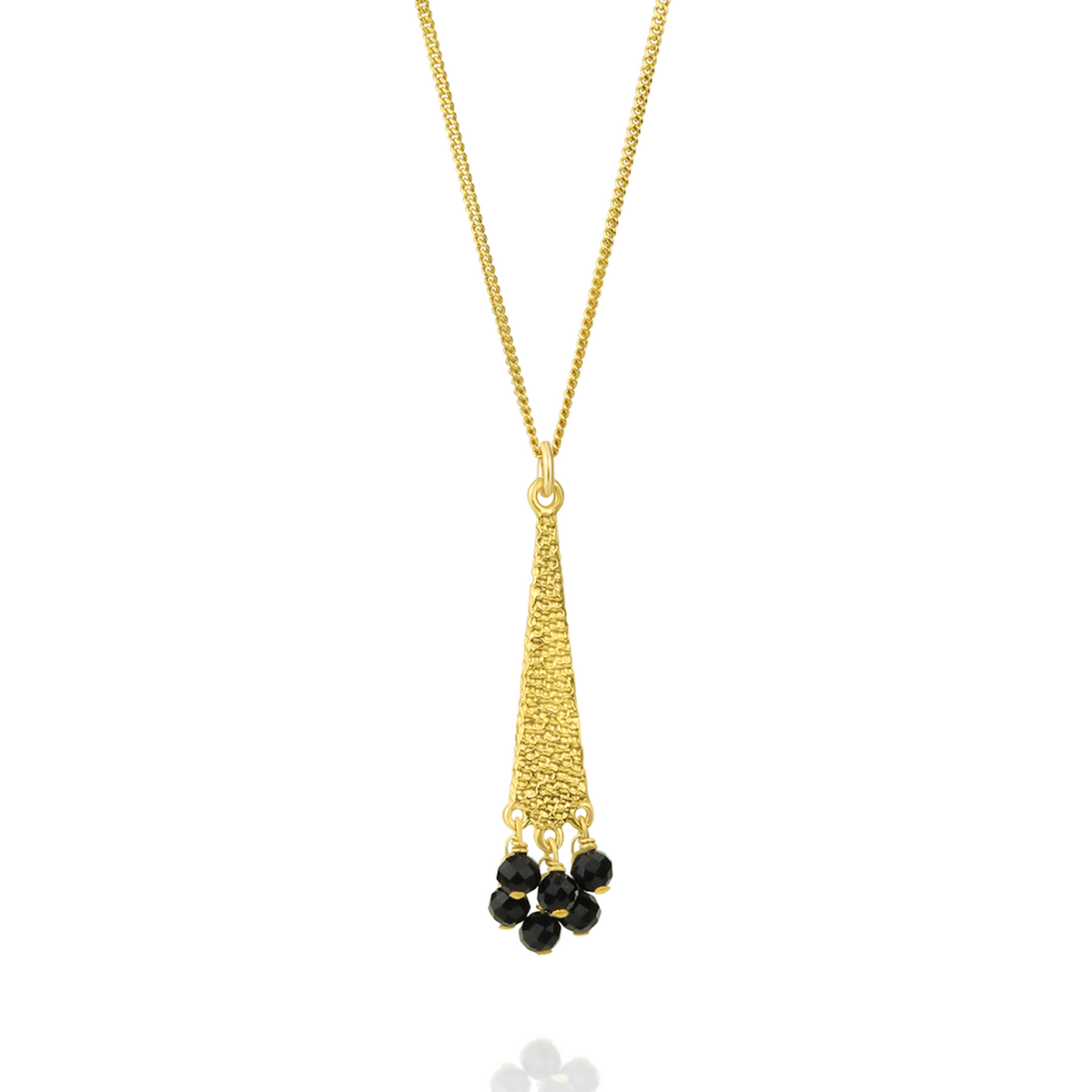 Elegant gold hammered textured triangular pendant necklace with onyx gemstone, perfect for adding a modern and sophisticated touch to any outfit.