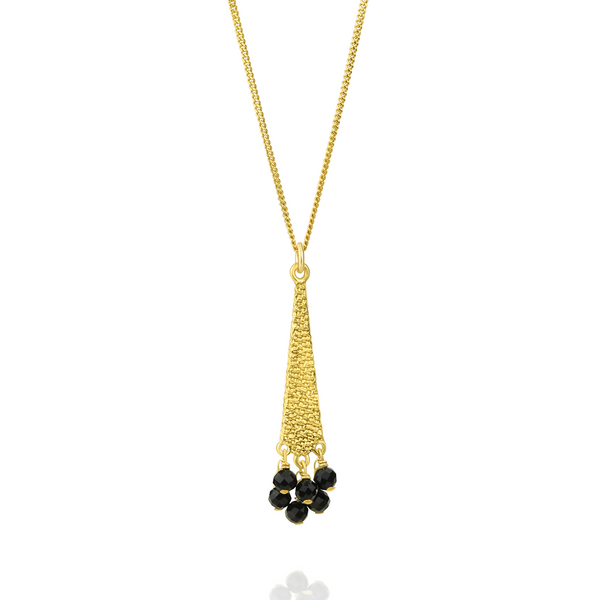 Elegant gold hammered textured triangular pendant necklace with onyx gemstone, perfect for adding a modern and sophisticated touch to any outfit.