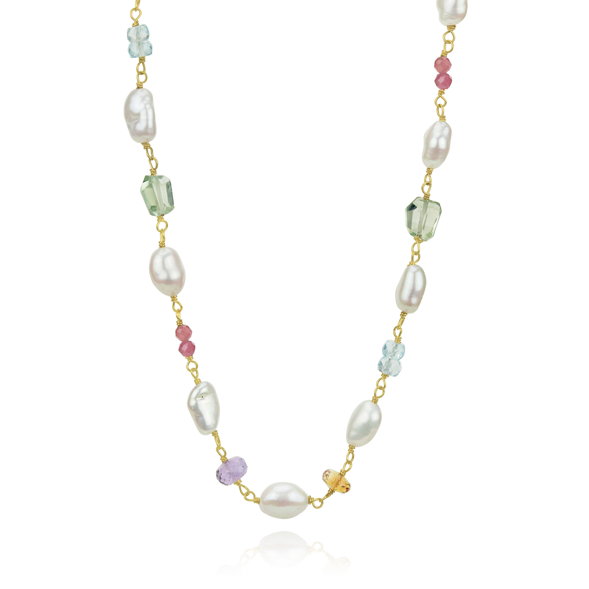 Elegant multicoloured gemstone and pearl necklace, featuring a delicate and timeless design.
