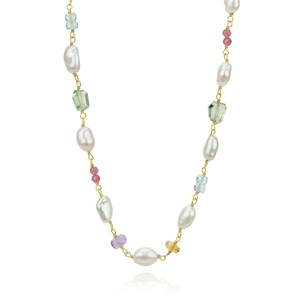 Elegant multicoloured gemstone and pearl necklace, featuring a delicate and timeless design.