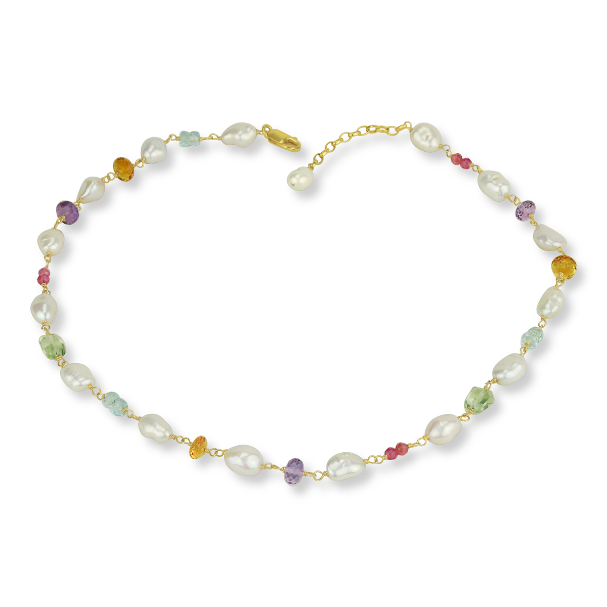Elegant multicoloured gemstone and pearl necklace featuring a vibrant mix of stones for a timeless look.
