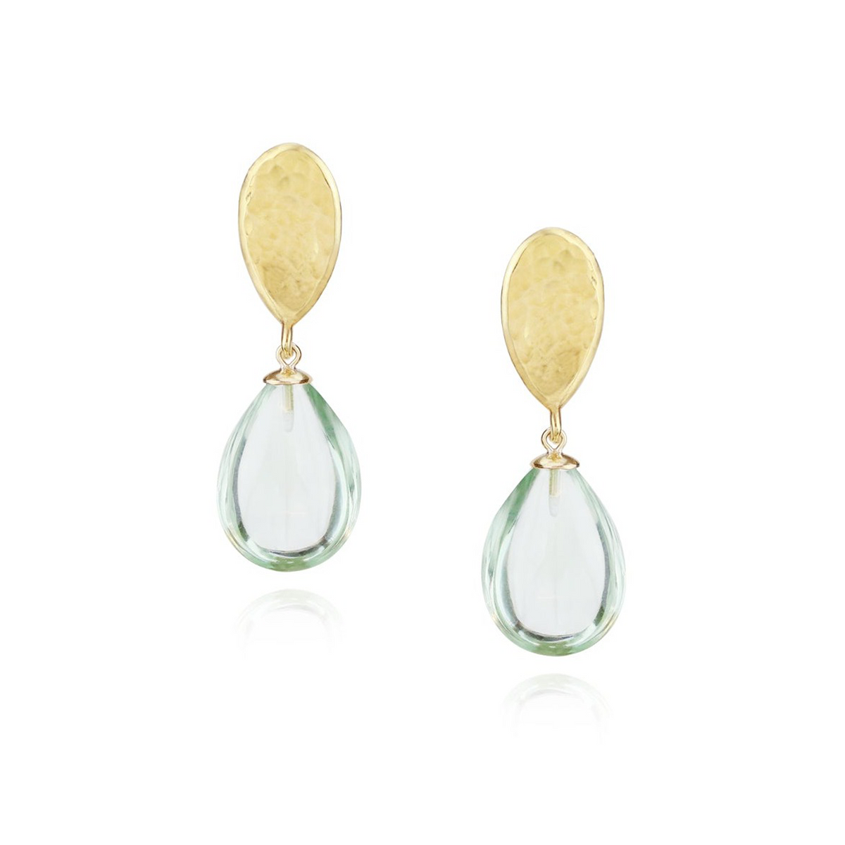Green Drop Earrings with Gold Hammered Top