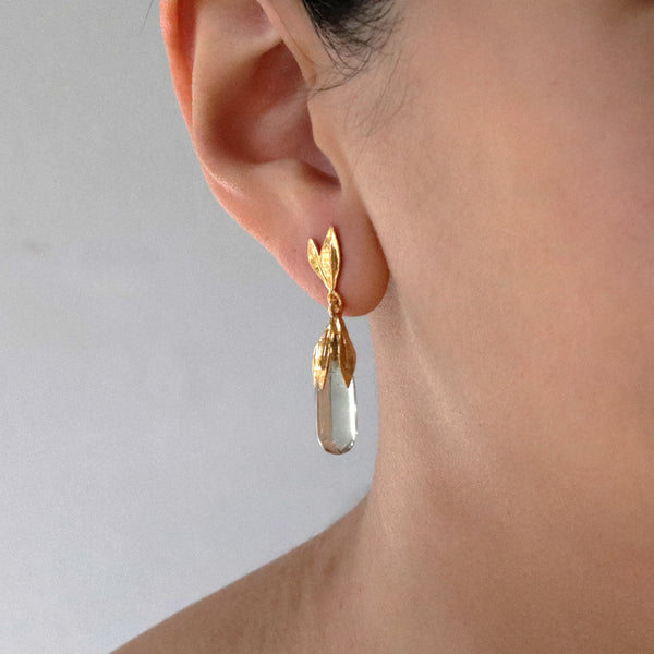 Long Teardrop Gemstone Leaf Earrings