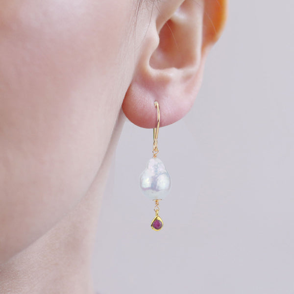 Fish Hook Pearl and Gem Drop Earrings