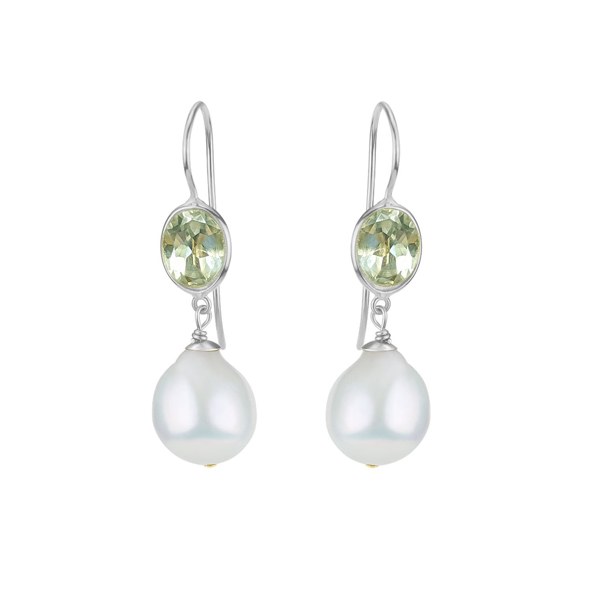 Green Amethyst & Pearl Ear Wire Drop Earrings