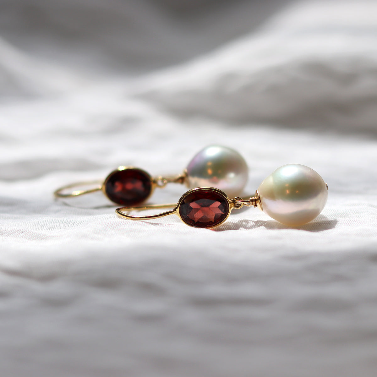 Garnet & Pearl Ear Wire Drop Earrings