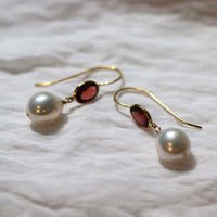 Garnet & Pearl Ear Wire Drop Earrings