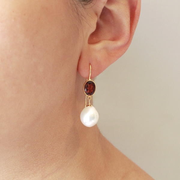 Garnet & Pearl Ear Wire Drop Earrings
