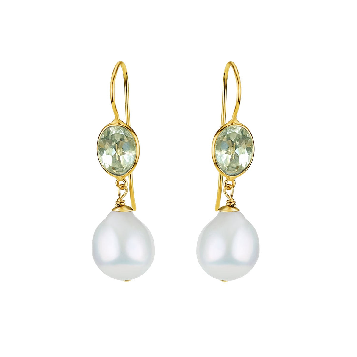 Green Amethyst & Pearl Ear Wire Drop Earrings