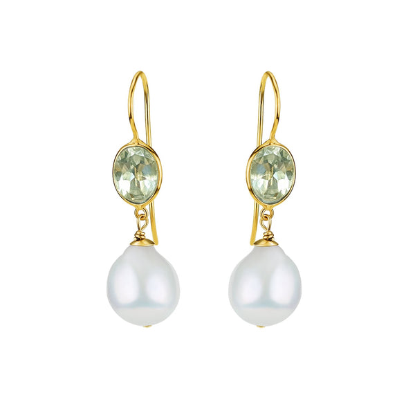 Green Amethyst & Pearl Ear Wire Drop Earrings