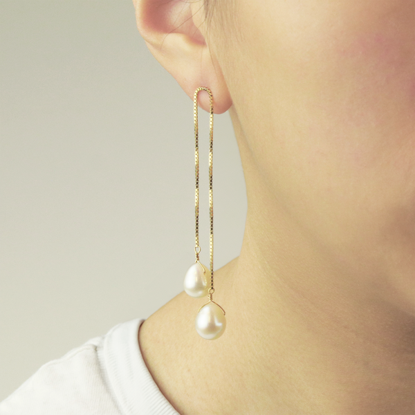 Double Pearl Box Chain Earrings
