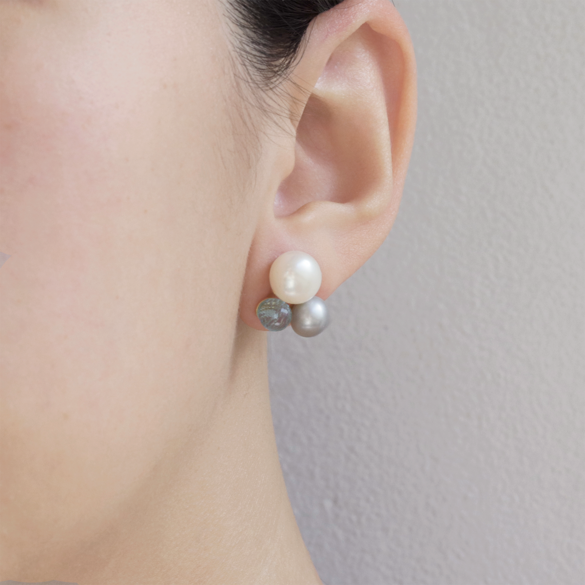 Triple Pearl & Stone Studs Earrings