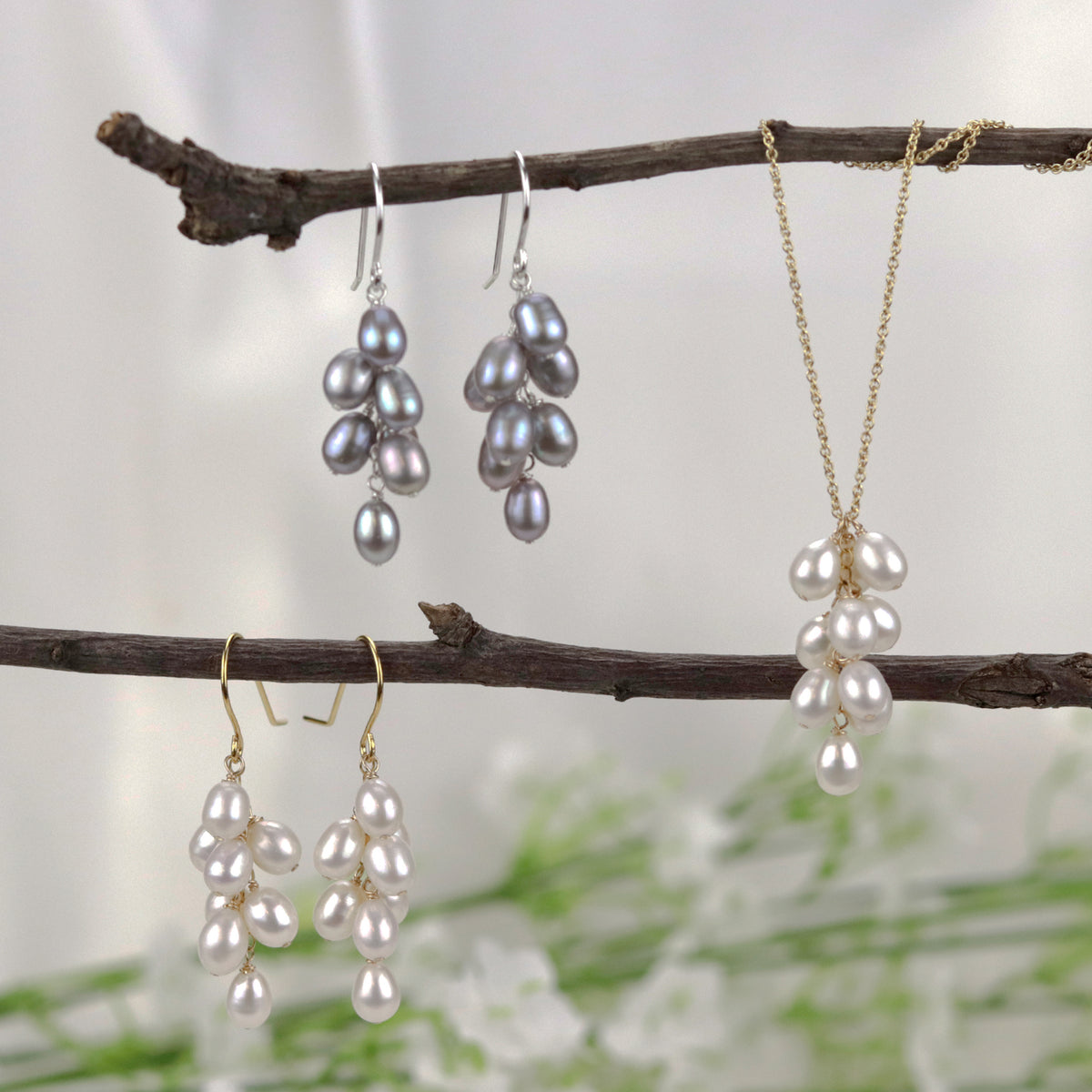 Rice Pearl Grape Cluster Earrings