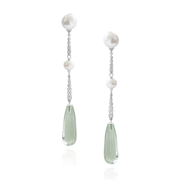 Double Pearl & Long Teardrop Gemstone Earrings