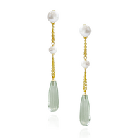 Double Pearl & Long Teardrop Gemstone Earrings