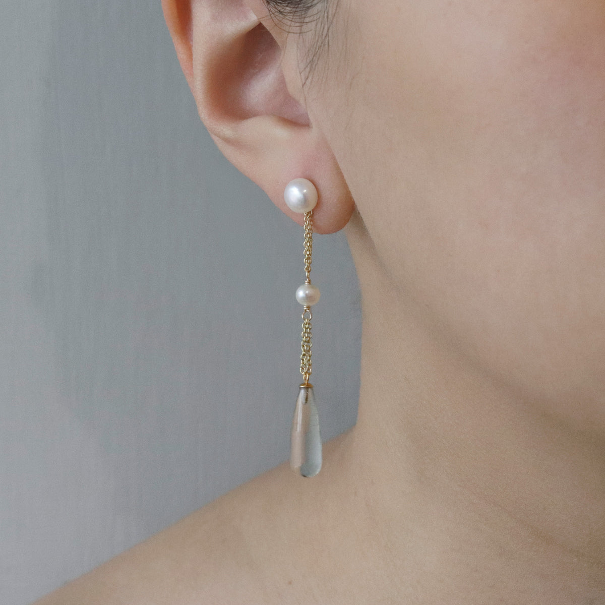 Double Pearl & Long Teardrop Gemstone Earrings