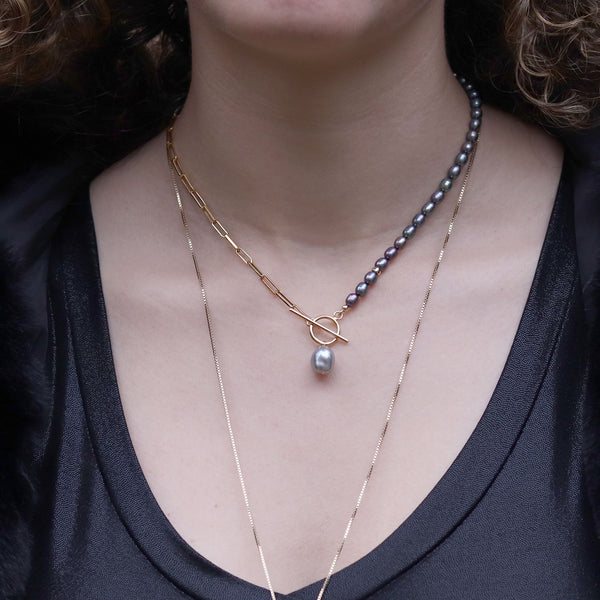 Pearl and Paperclip Toggle Necklace