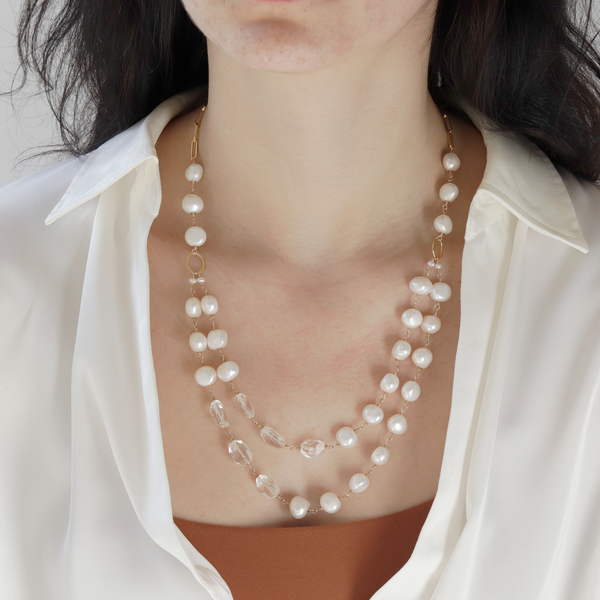 Double Strand Pearl & Rock Crystal Necklace