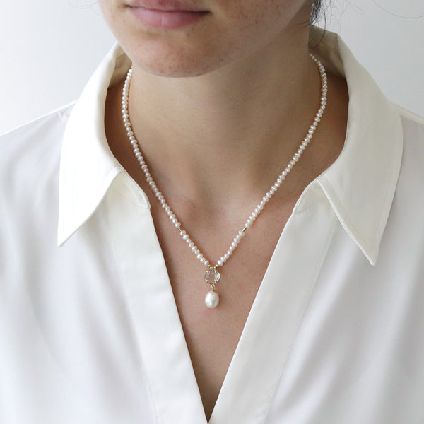 Square Gem & Pearl Drop Necklace