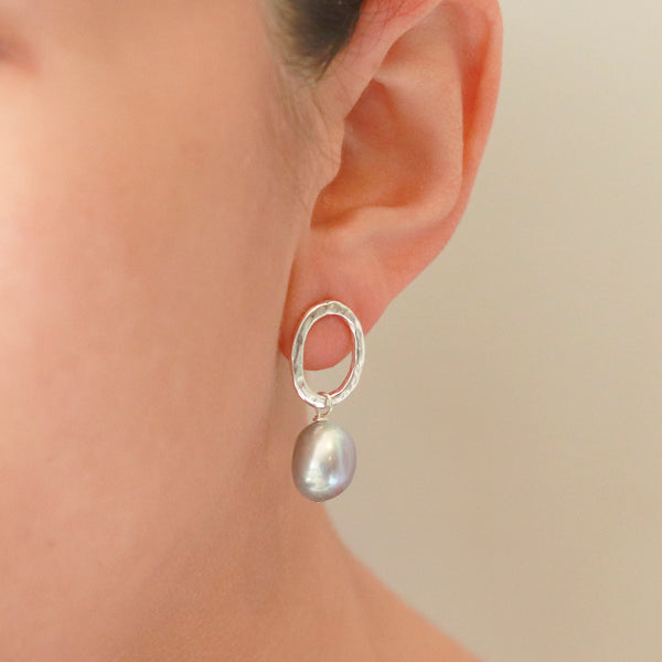 Hammered Oval Studs with Baroque Pearls