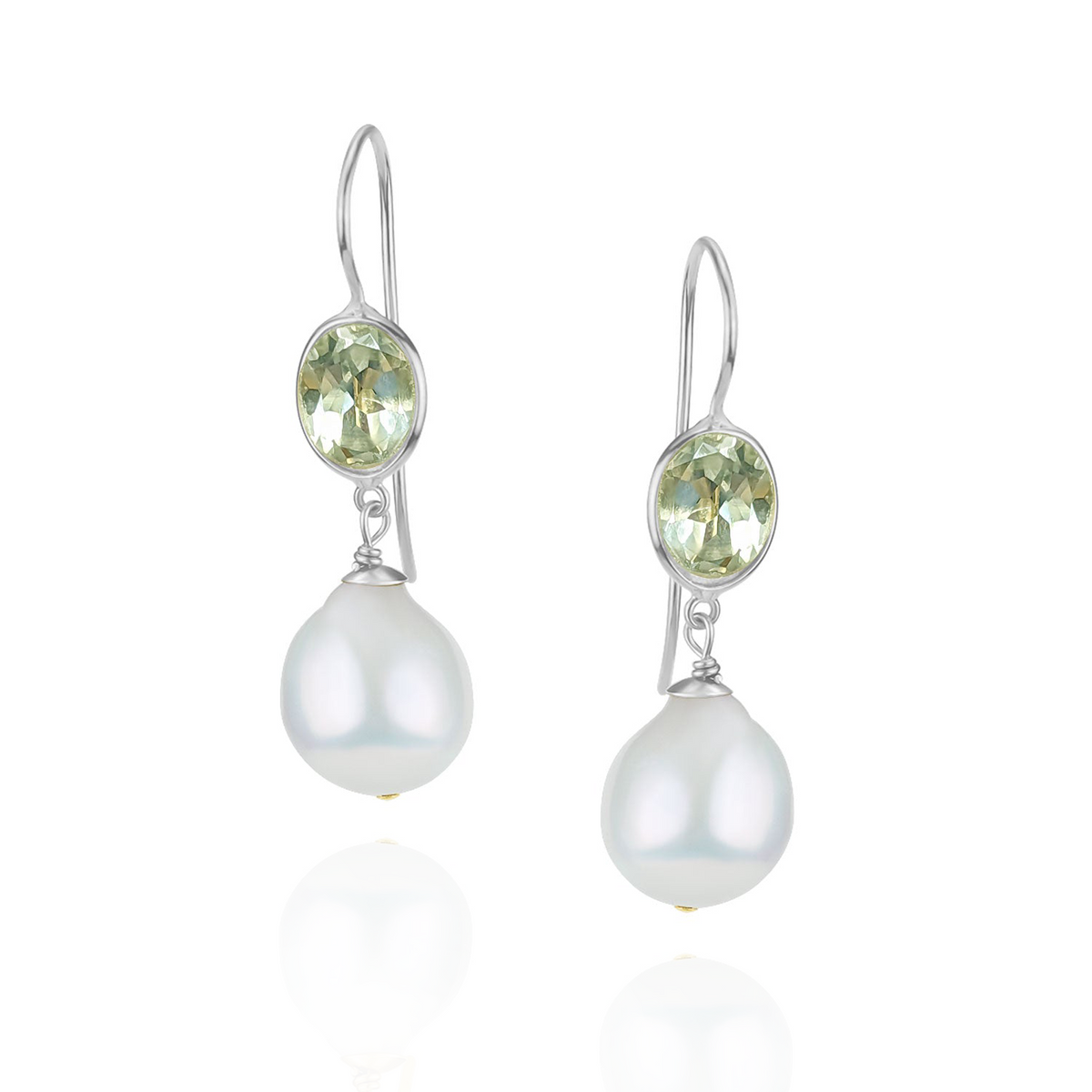 Green Amethyst & Pearl Ear Wire Drop Earrings