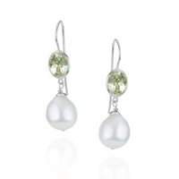 Green Amethyst & Pearl Ear Wire Drop Earrings