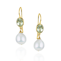 Green Amethyst & Pearl Ear Wire Drop Earrings