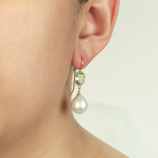 Green Amethyst & Pearl Ear Wire Drop Earrings