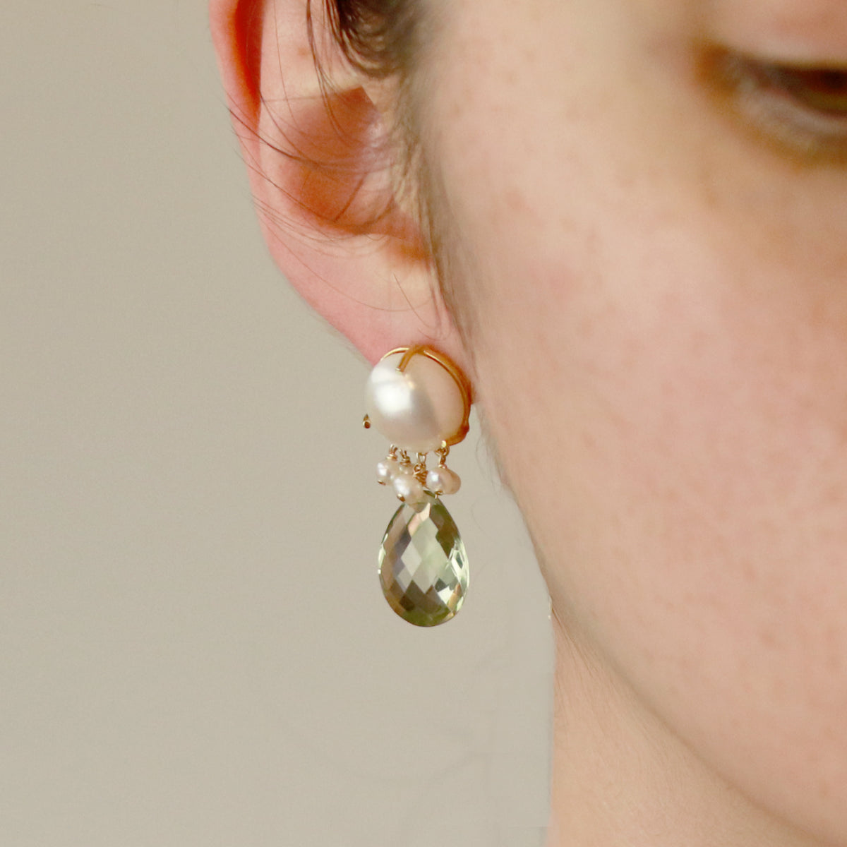 White Pearl & Pear Shaped Stone Earrings