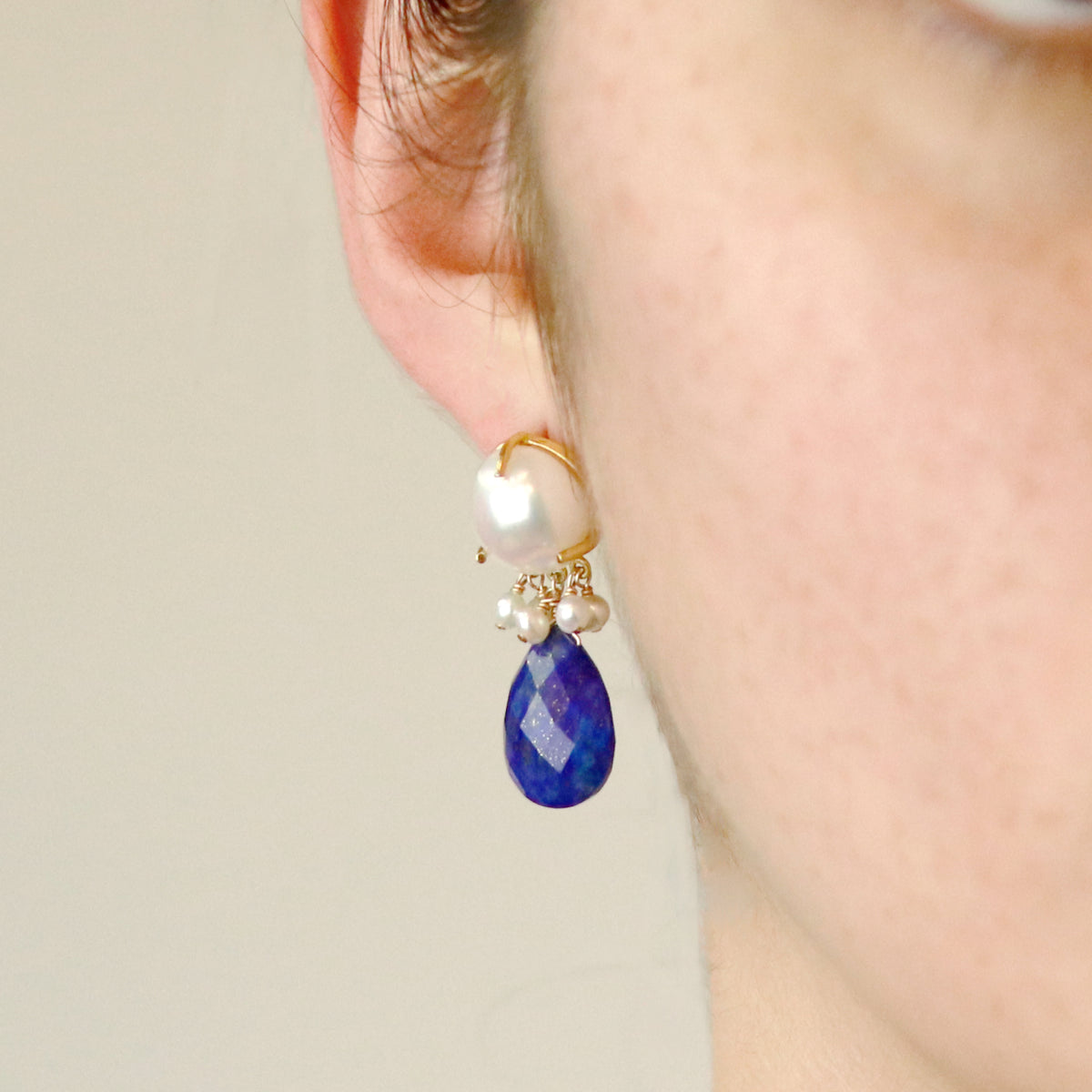 White Pearl & Pear Shaped Stone Earrings