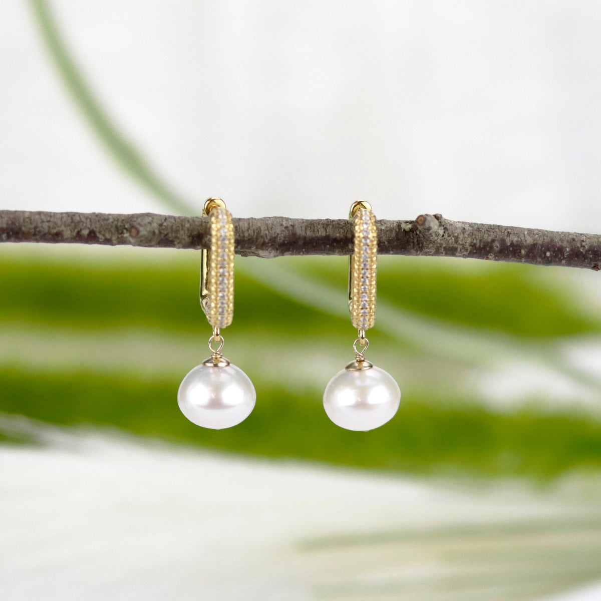 Pearl & Rectangular Clear Zircon Hoops