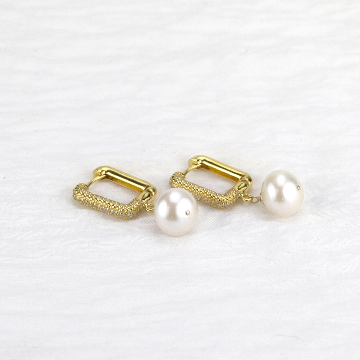 Pearl & Rectangular Clear Zircon Hoops