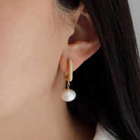 Pearl & Rectangular Clear Zircon Hoops