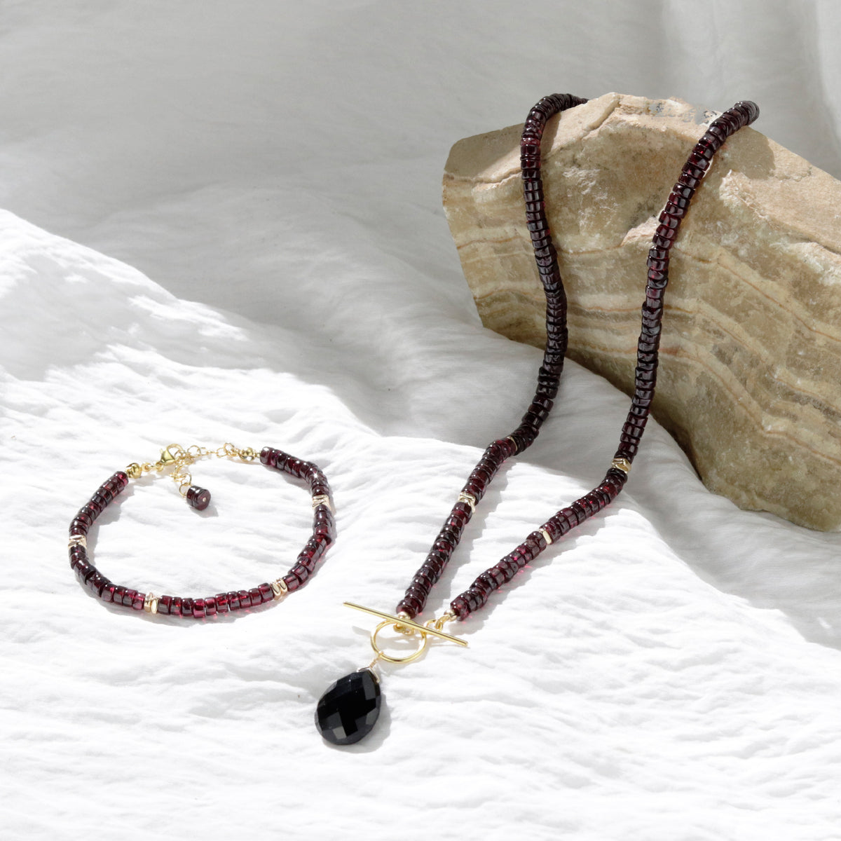 Garnet Heishi & Plated Hematite Toggle Pendant