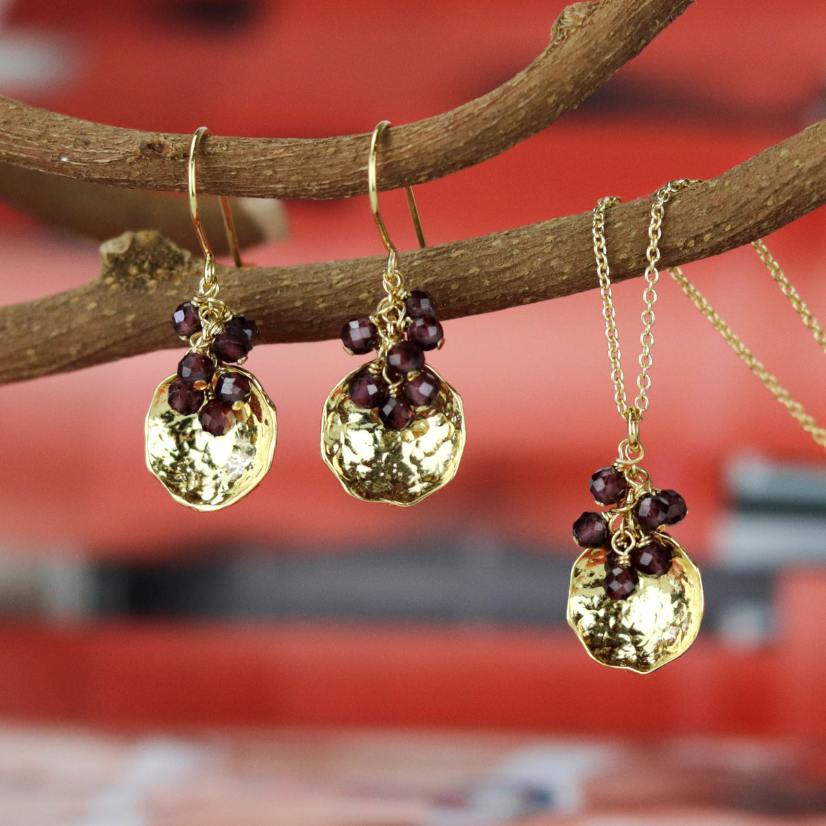 Hammered Discs & Gem Cluster Earrings