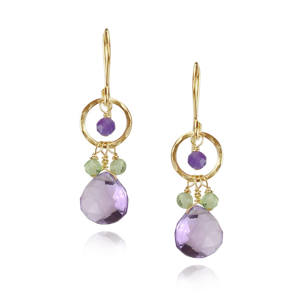 Hammered Circle & Gem Drop Earrings