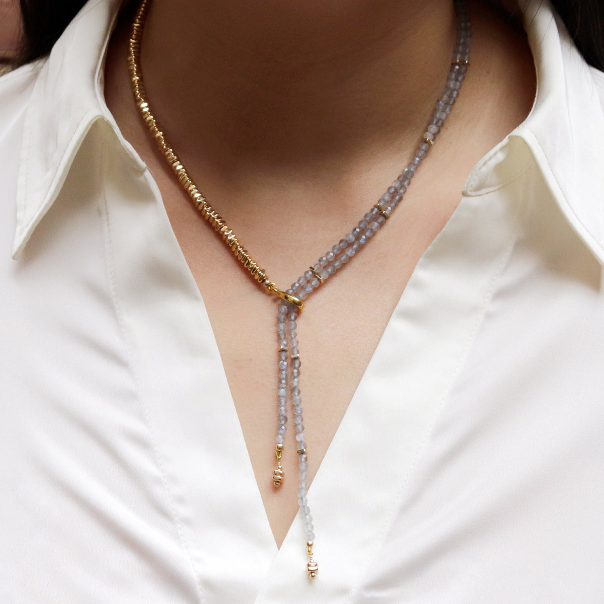 Plated Hematite & Beaded Y Necklace